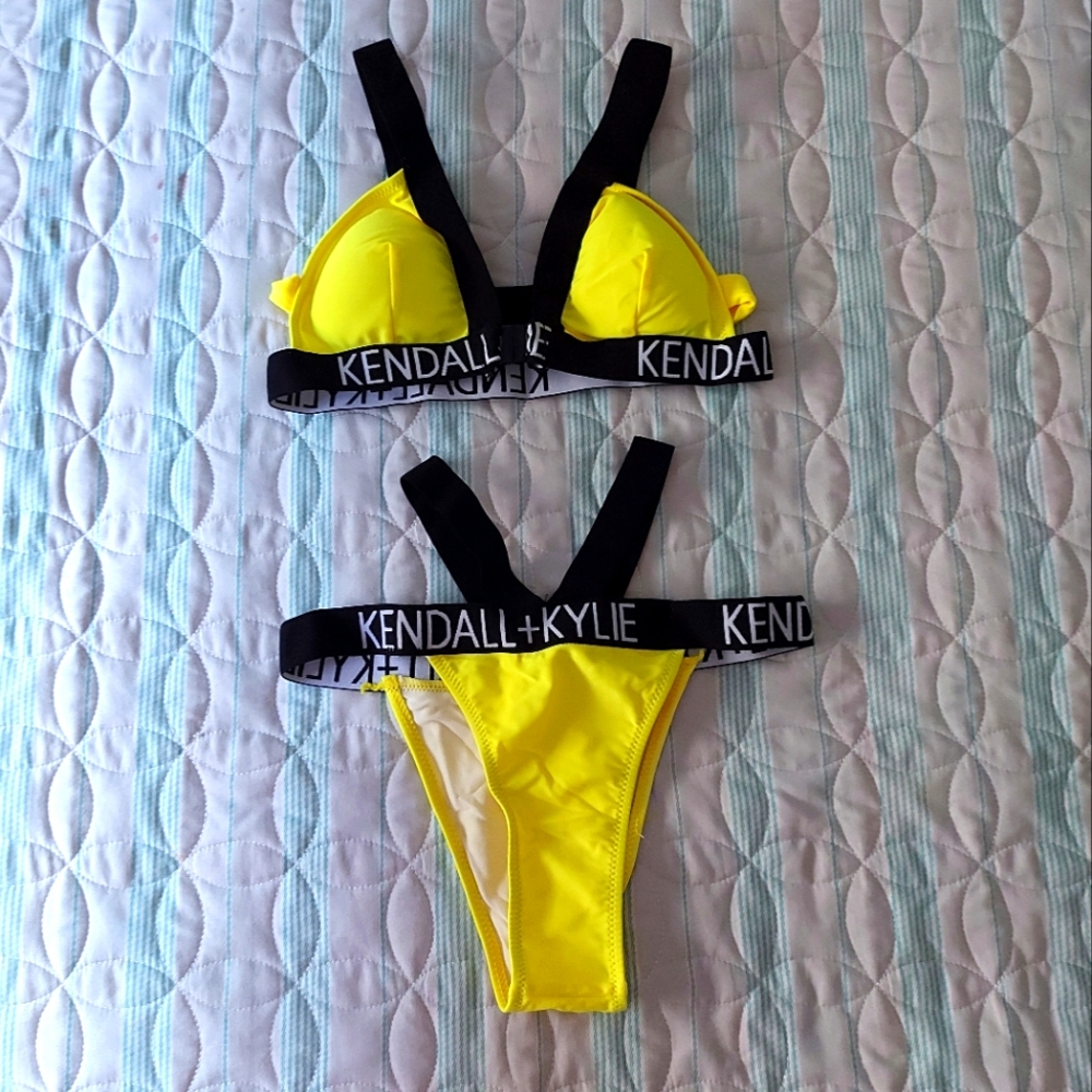 High Waist Yellow KENDALL KYLIE Letter Swimsuit Bikinis Set Bandage size small